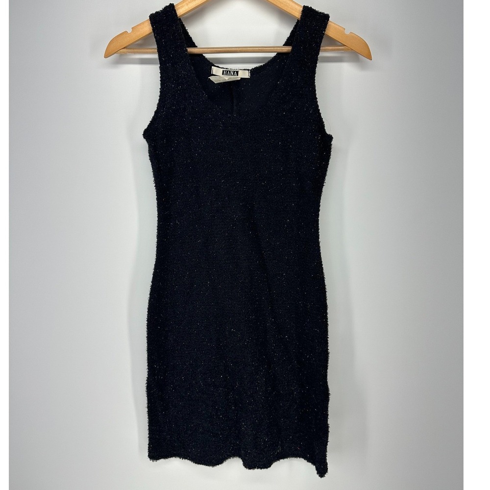 Hana Knit Mini Dress Women Small Black Glitter Sleeveless V-Neck Bodycon Vintage